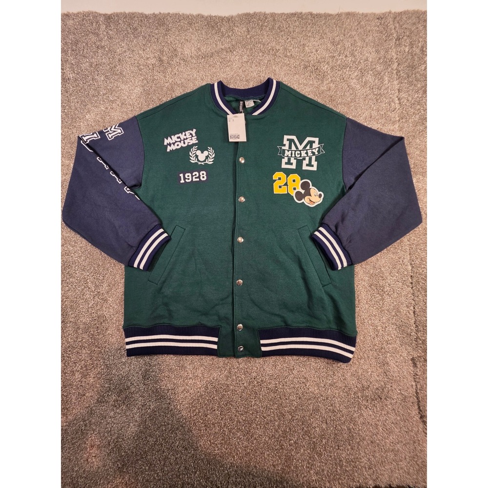 H&M Divided Disney Mickey Mouse Varsity Jacket Green Blue Mens Small NWT